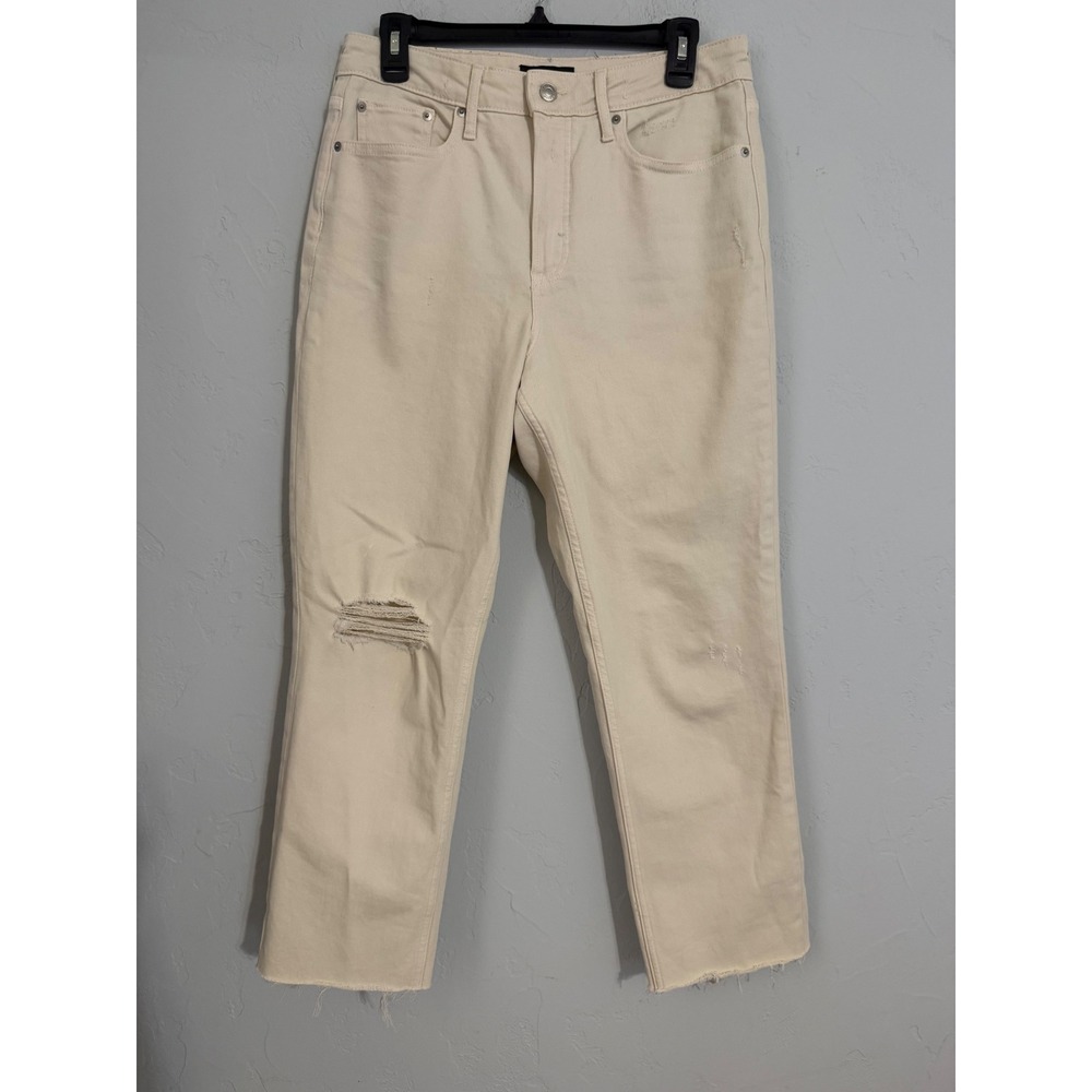 Free Assembly Cream Super High Rise Straight Leg Distressed Jeans 8 Short